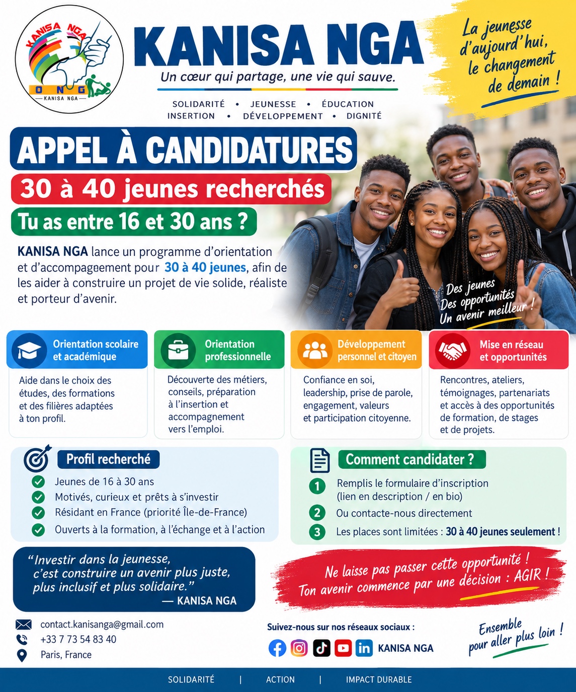 Affiche officielle KANISA NGA — appel à candidatures pour 30 à 40 jeunes de 16 à 30 ans